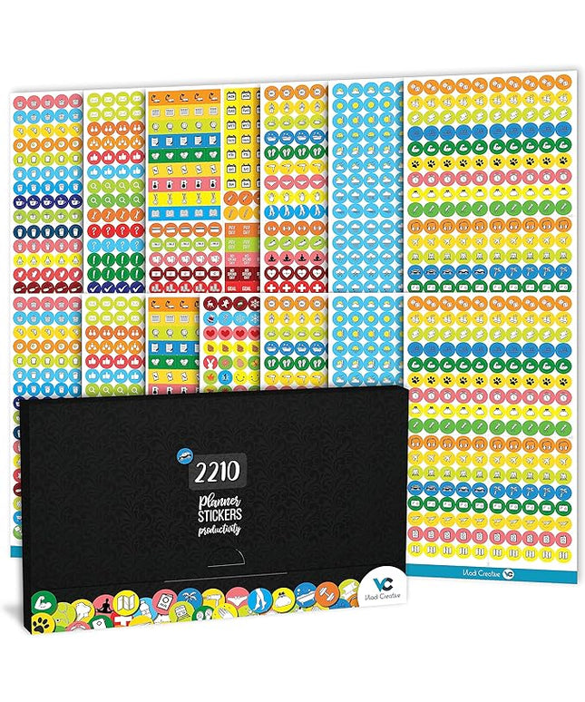Vladi Creative Mini Planner Stickers - 2210 Pcs, 14 Sheets, Decorative & Productivity-Boosting Colorful Stickers for Journals, Calendars, Scrapbooking, Time Management, & DIY Planner Decoration