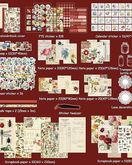emmoolife Vintage Aesthetic Scrapbooking Supplies Kit, Flowers Botanical Bullet Junk Journal Kit with Journaling Supplies, Tweezers, A6 Grid Notebook,Stationery,Sticker, Birthday Craft Gift for Adult