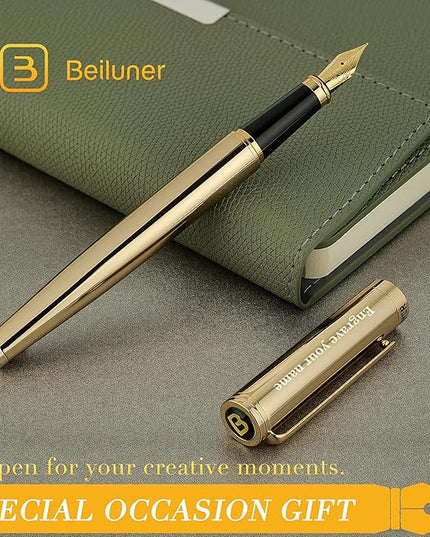 BEILUNER Gold Personalized Fountain Pen,Stunning Luxury Surface,24K Gilded Nib(Fine),Gorgeous 24K Gold Finish, Ink Converter,Fancy Gift for Men&Women-Elegant, Graduation,Office Pens for Writing