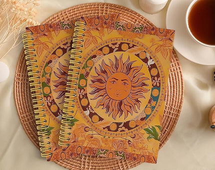 Knibeo Retro 70s Hippie Burning Sun Vintage Boho Floral Lined Hardcover Spiral Notebook Journal 5.5×8.3 Inch, College Ruled Notebook for Work Notes Journaling,Teen Girls Gifts