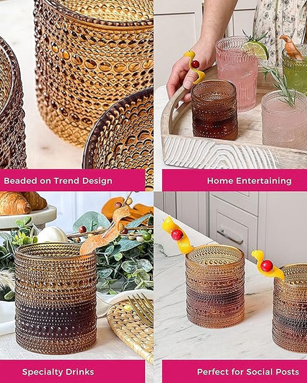 Kate Aspen Beaded Amber Drinking Glasses Set of 6-10 oz Vintage Glassware Jupiter Glasses, Cocktail Glass, Juice Glass, Water Cups Hostess Gift, Present, Gift for Newlyweds (Pack of 4)