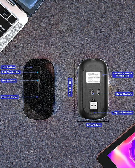 Wireless Bluetooth Mouse Rechargeable Laptop Mice Use Portable(Bluetooth5.2 and USB 2.4G) Dual Mode Connection Silent Slim Computer Mouse for Laptop/iPad Tablet/Apple MacBook/PC(Bright Black)