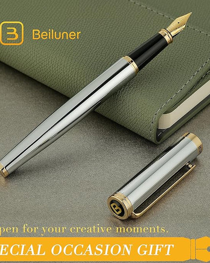 BEILUNER Silver Chrome Fountain Pen,Stunning Luxury with 24K Gold Accents, Gorgeous 24K Gilded Nib(Medium), Fancy Pen Gift for Men&Women -Ink Converter-Elegant, Office,Nice Pen for Writing